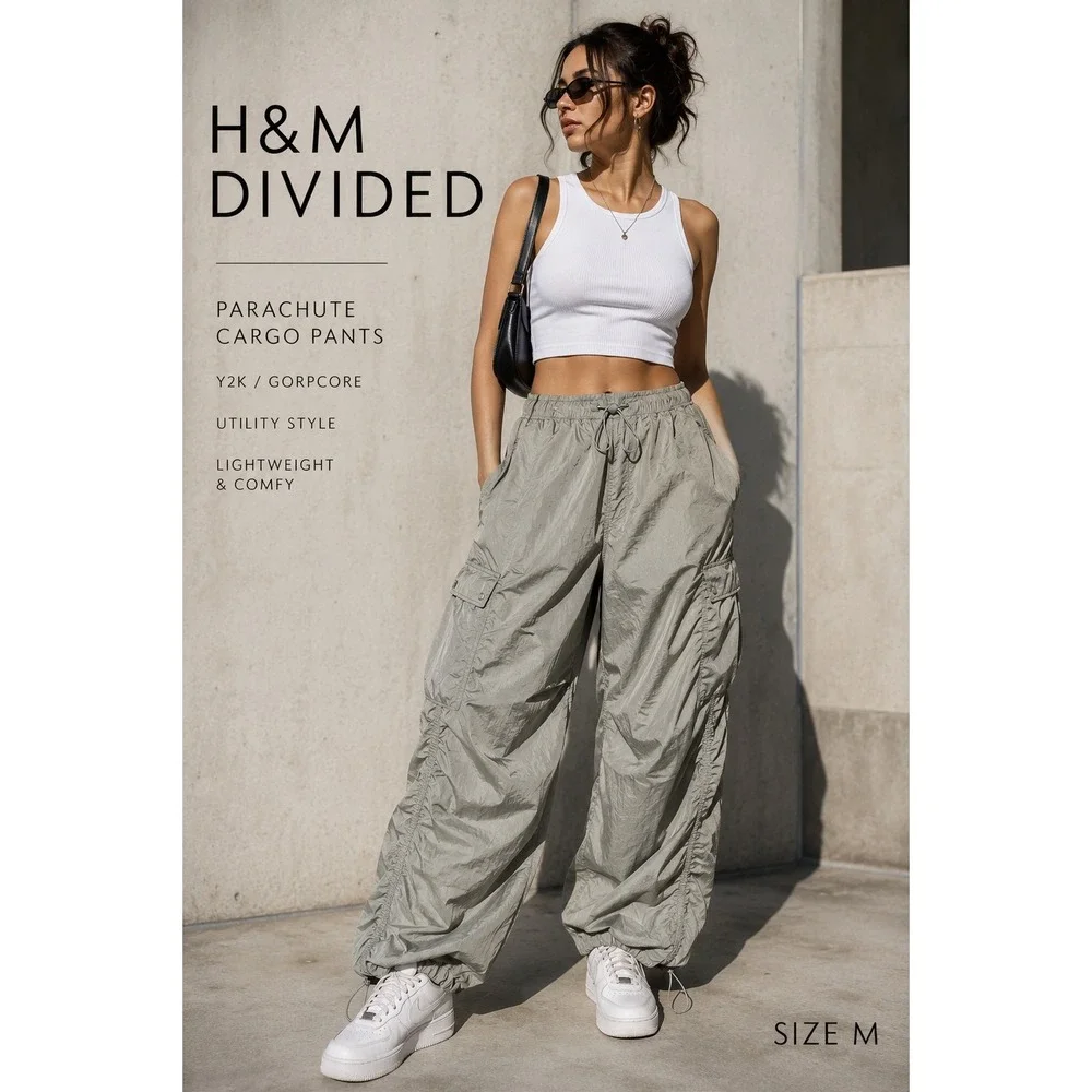 H&M Divided Parachute Cargo Pants M Gray Green Y2K Gorpcore Utility Streetwear